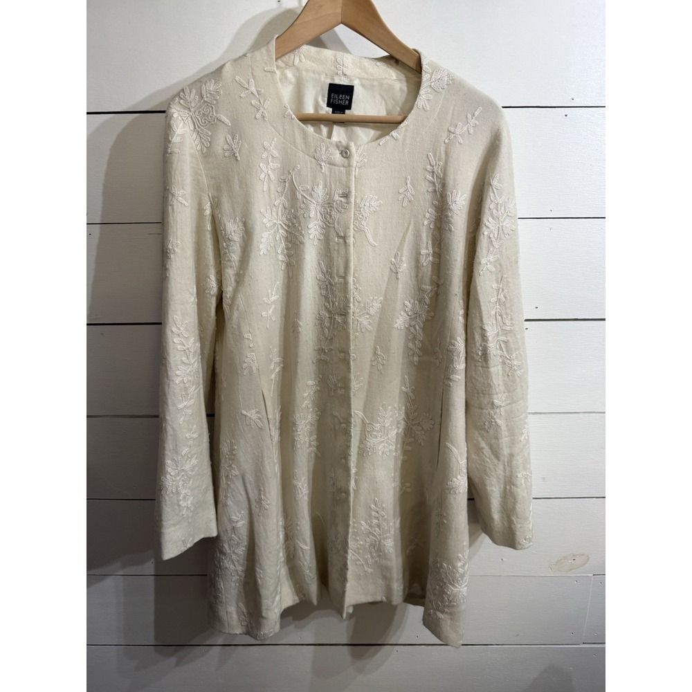 Eileen Fisher Beige Women's Embroidered Jacket White Wool and Silk Lined Medium
